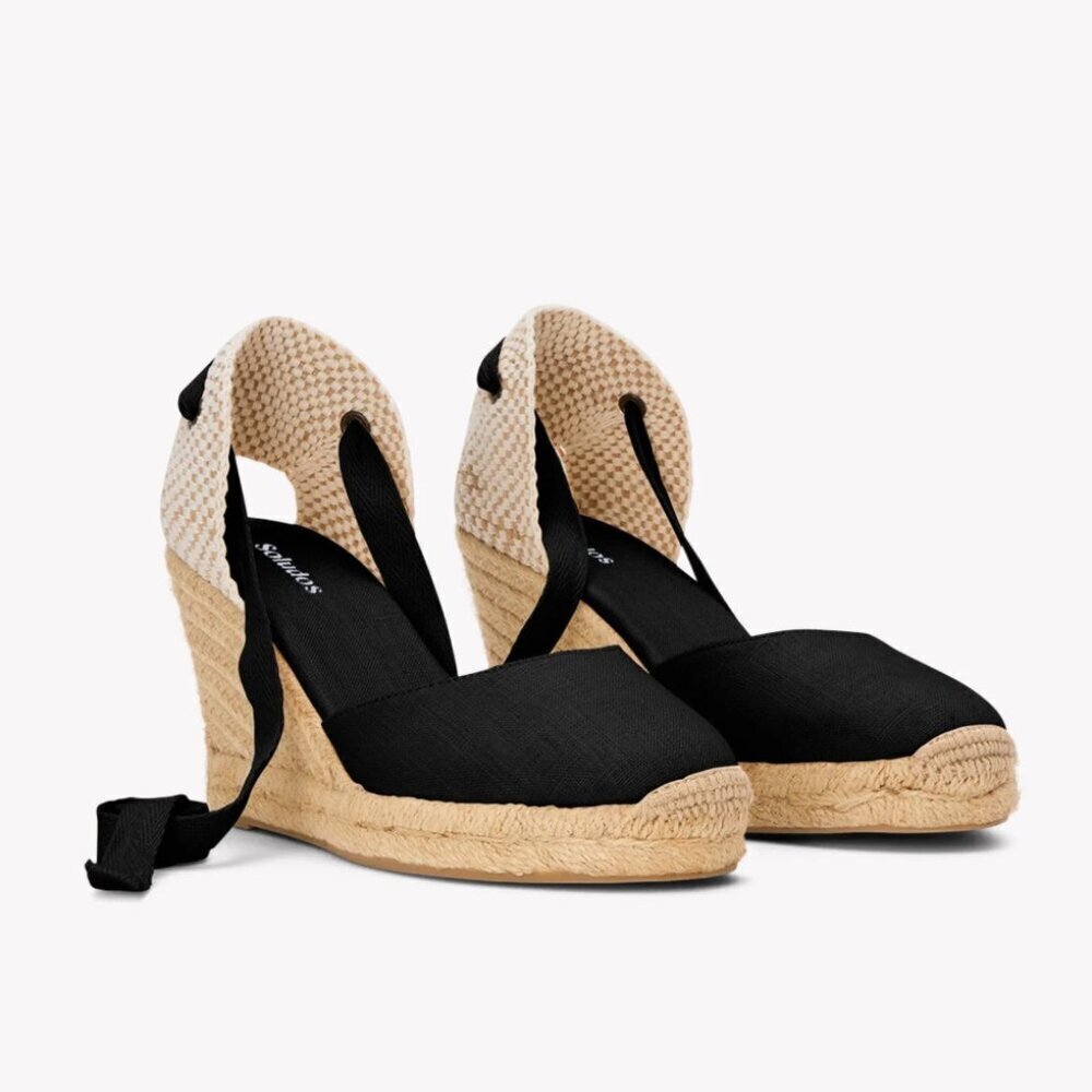 Soludos Marseille Ankle Tie 3.5” Jute Wedge Black Linen, size 10